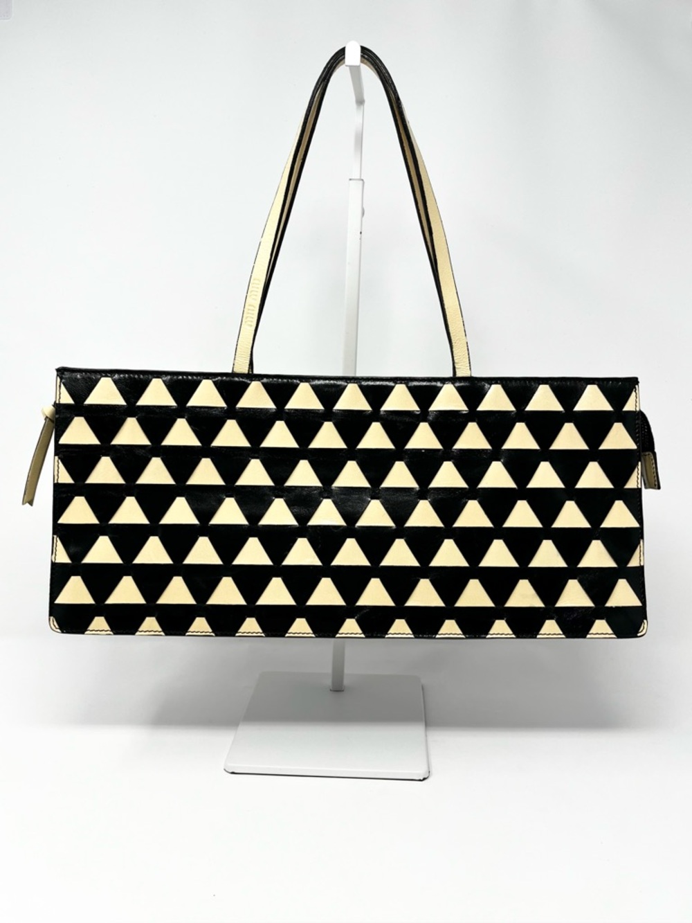 Vintage Miu Miu 90s Symbole Triangle Logo Black Cream Woven Leather Shoulder Bag